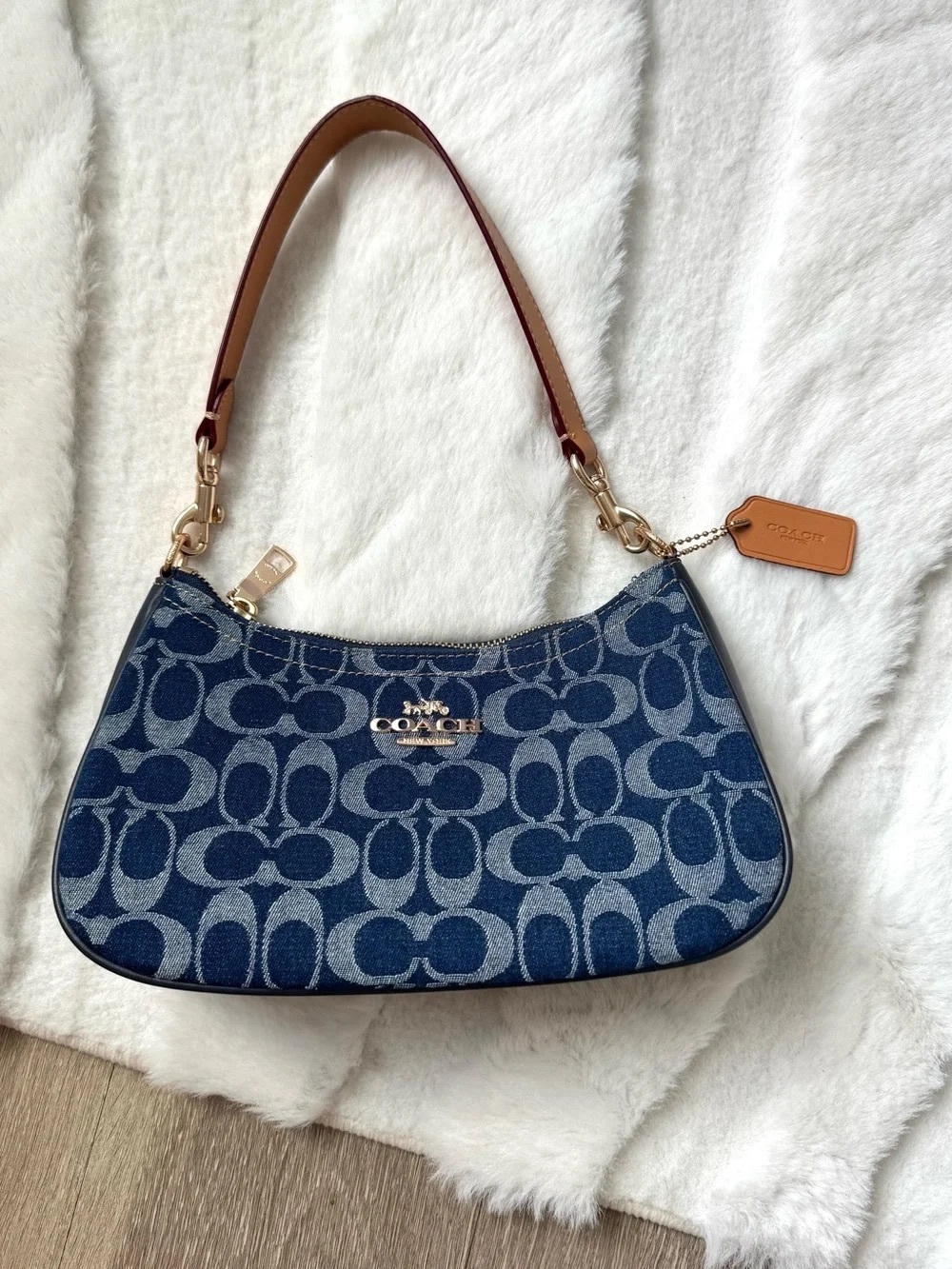 Coach Denim Signature Jacquard Shoulder Bag with Tan Strap